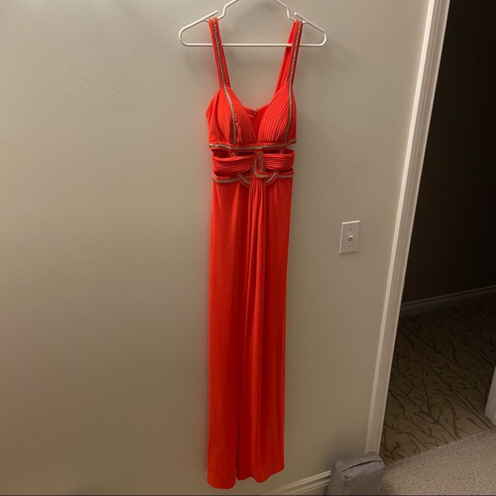 Betsy & Adam Neon Coral Cutout Beaded Prom Dress - Picture 1 of 7
